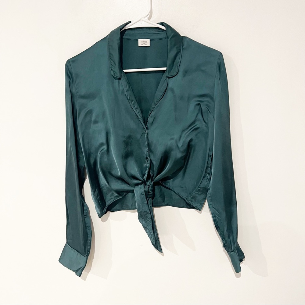 Wilfred Tie Front Button Up Blouse In Hunter Jade… - image 1